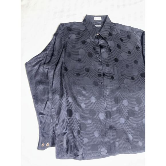 VINTAGE MENS GENELLI Black Tone On tone SILK SHIRT NEHRU COLLAR XL Circles - Picture 6 of 8